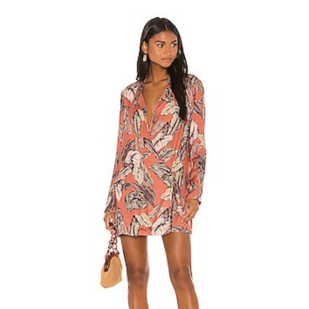 Beach Riot Women Coral Pink Tropical Palm Leaf Wrap Mini Dress Blazer Small